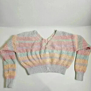 Jessica Simpson Knit Cropped Cardigan Sweater Button Long Sleeve Stripes Medium